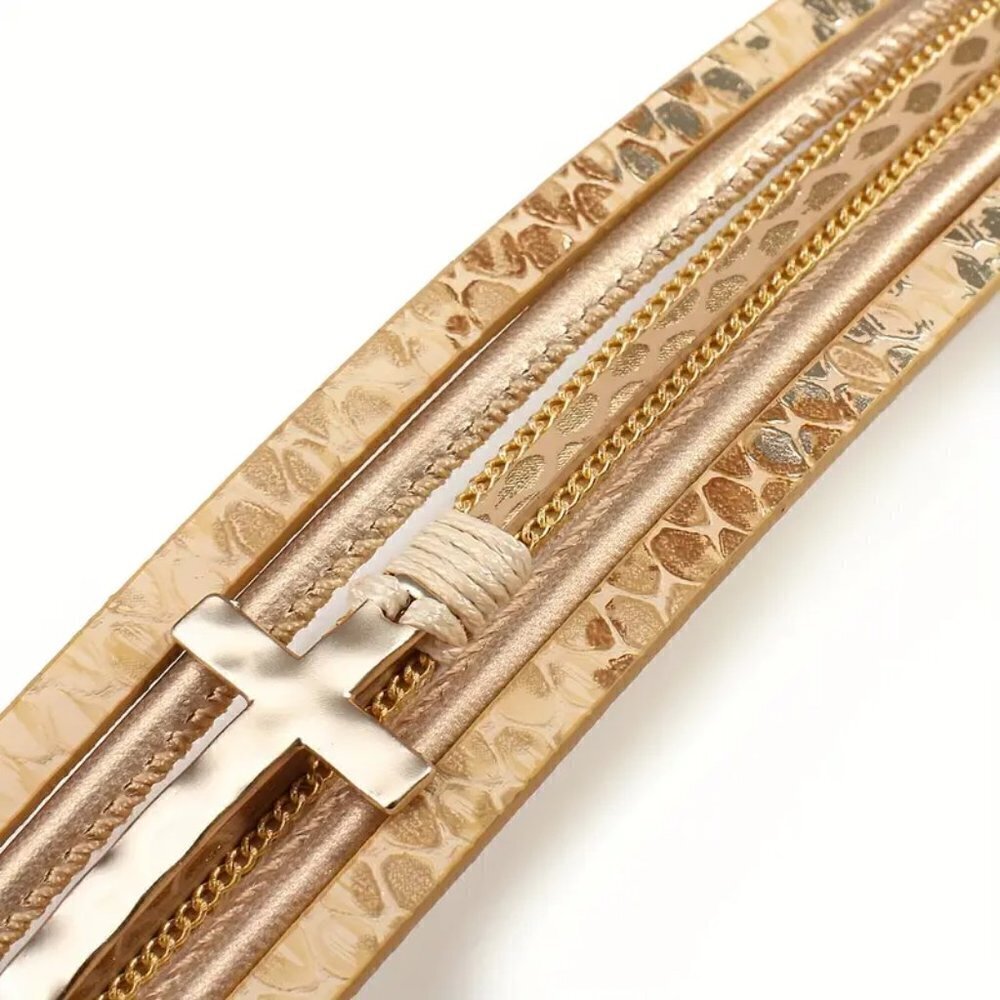 Bohemian Gold Tone Multi-Layer Bracelet Magnetic Clasp Cross Charm Religious - Picture 6 of 12